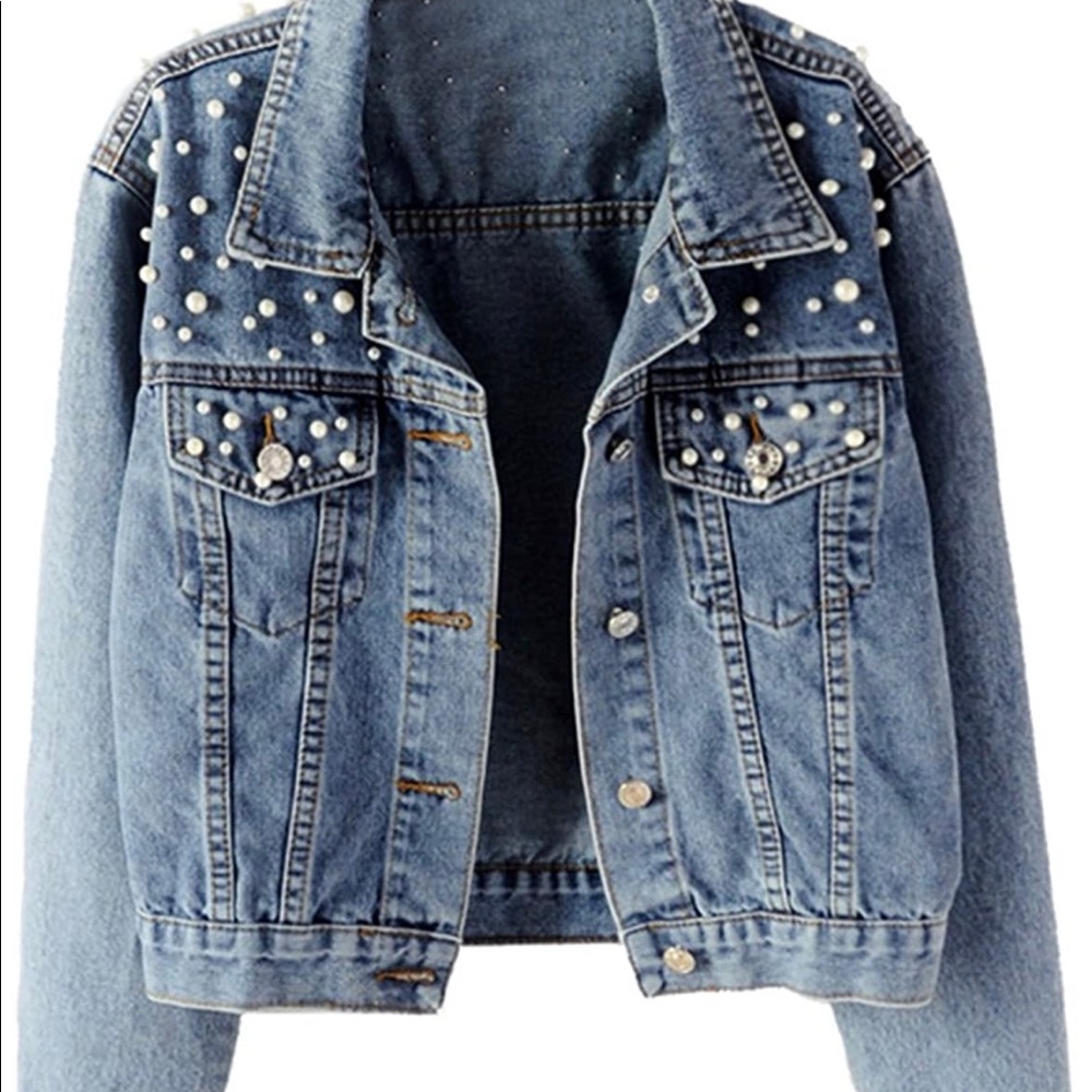 Embroidered Pearls Beading Denim Jean Jacket Coat